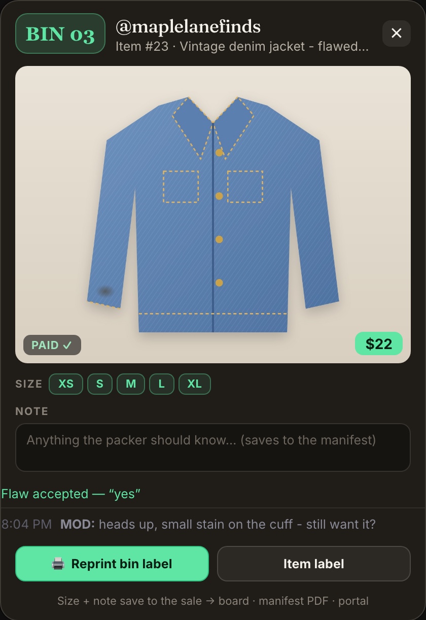 The Chrome sale popup for @maplelanefinds, item #23 Vintage denim jacket, flawed. Under the note box: Flaw accepted, yes, and the mod's line: heads up, small stain on the cuff, still want it?