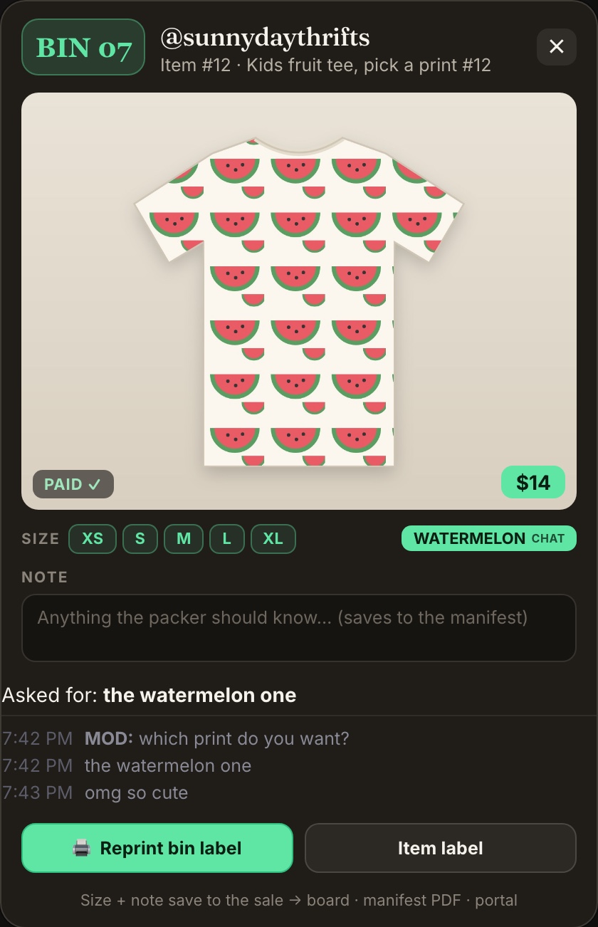 The Chrome sale popup for @sunnydaythrifts, item #12 Kids fruit tee. Under the note box: Asked for: the watermelon one, then three chat lines with times: MOD: which print do you want?, the watermelon one, omg so cute.
