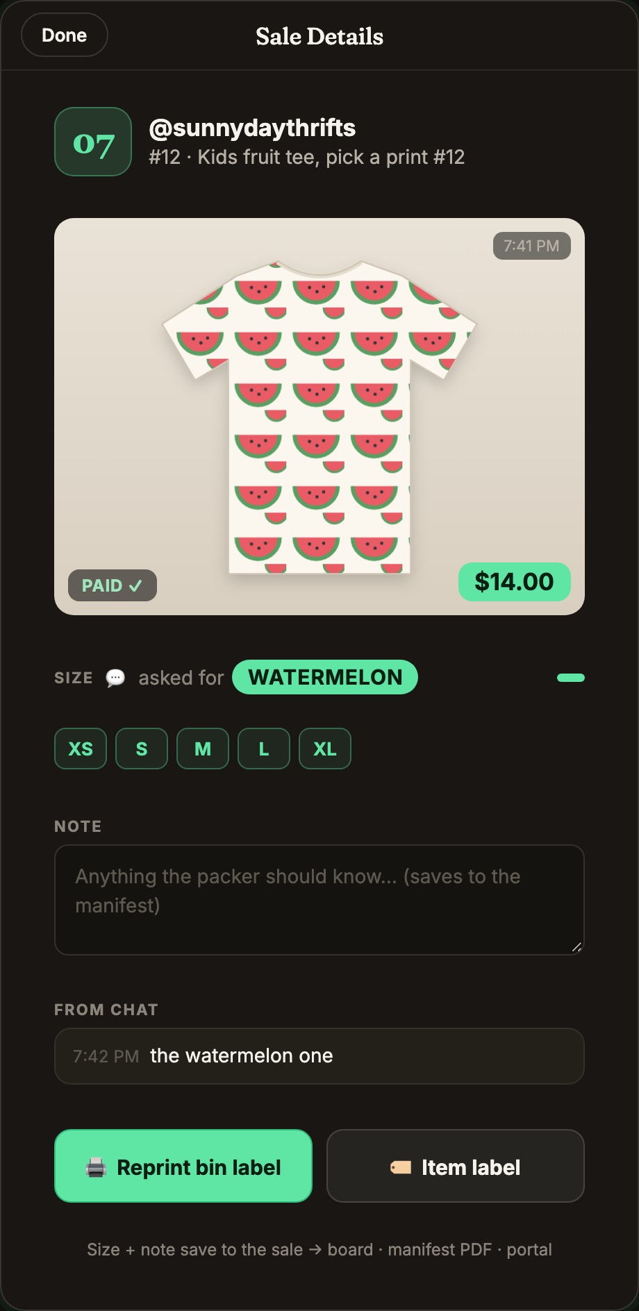 The iPad Sale Details card for @sunnydaythrifts, item #12 Kids fruit tee, asked for WATERMELON. At the bottom, under From chat: 7:42 PM the watermelon one.