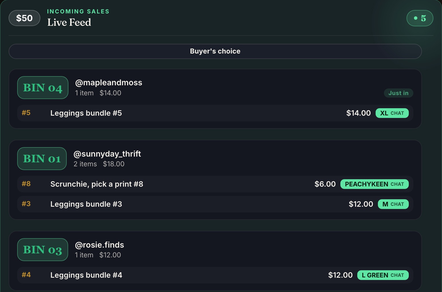 The Chrome live feed. Each sale has a green tag with the buyer's pick: XL, PEACHYKEEN, M, L GREEN, each marked CHAT.