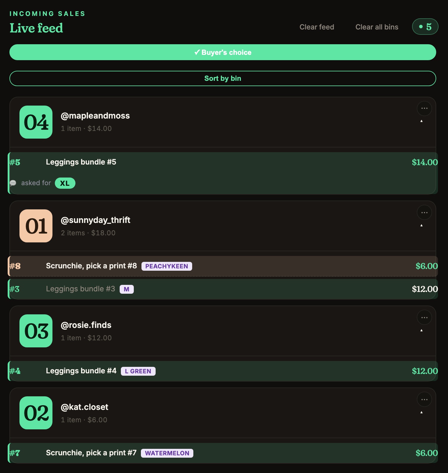 The iPad live feed: bins 04, 01, 03 and 02, each with the buyer, their items and prices.
