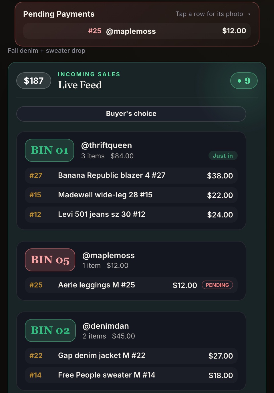 The Chrome live feed: bins with buyers, items and prices, a PENDING sale, and Pending Payments at the top.