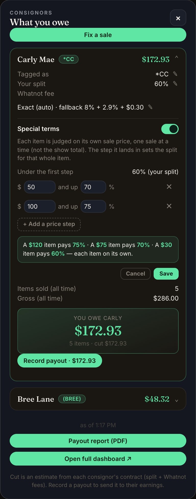A consignor's card in the Chrome panel with Special terms on: 60% under the first step, 70% from $50, 75% from $100, the example line and Save.