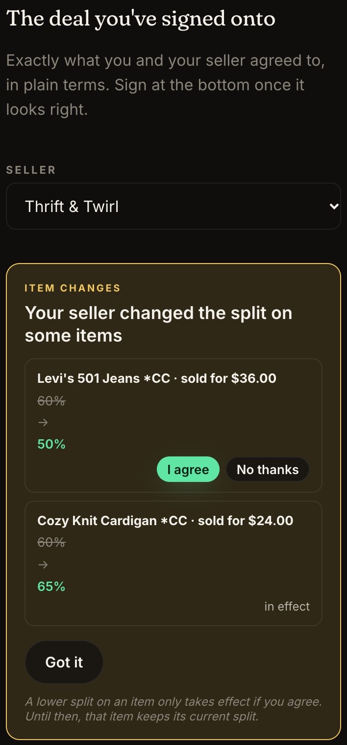The consignor's portal: Item changes, with one lower split to agree to (I agree / No thanks) and one higher split already in effect.