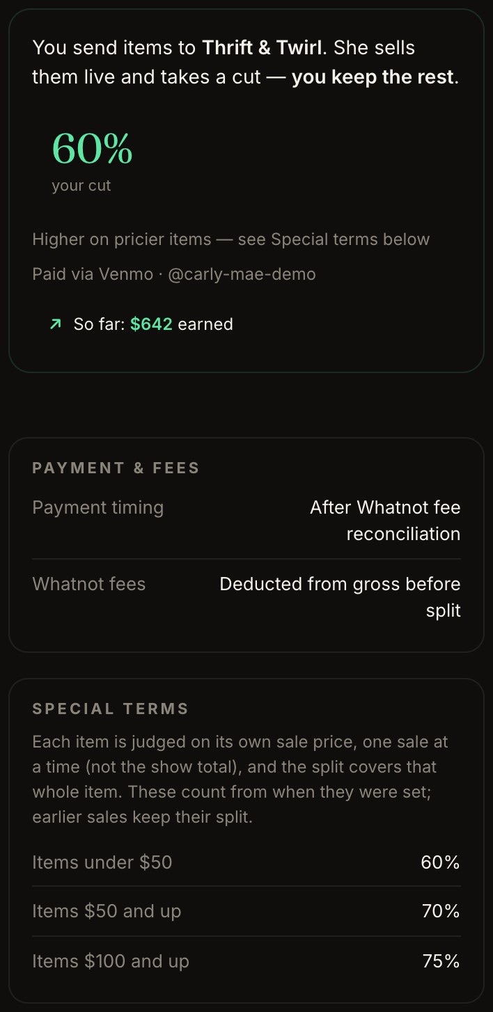 The consignor's portal showing their Special terms: items under $50 60%, $50 and up 70%, $100 and up 75%.