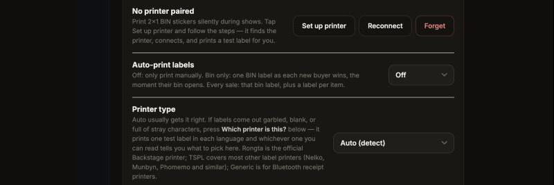 The printer section of iPad Settings: Set up printer, Reconnect, Auto-print labels and Printer type.