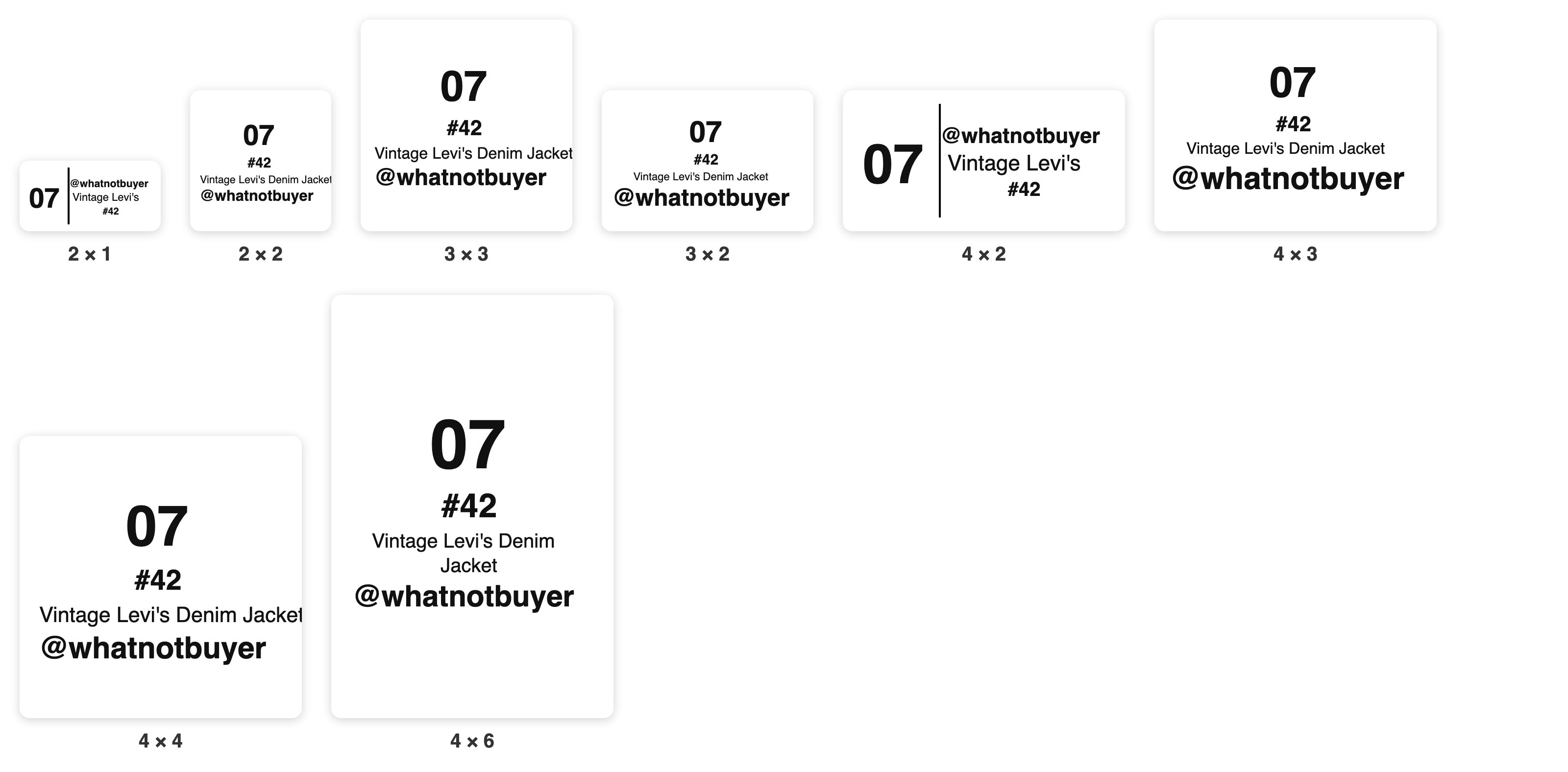 Item labels at every size.