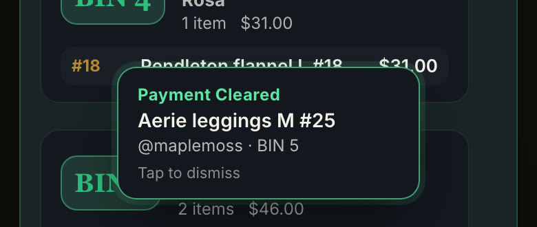 Payment cleared banner naming the bin.