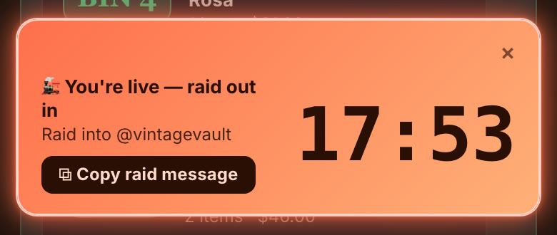 Raid train countdown: You're live, raid out in 17:53, raid into @vintagevault, Copy raid message.