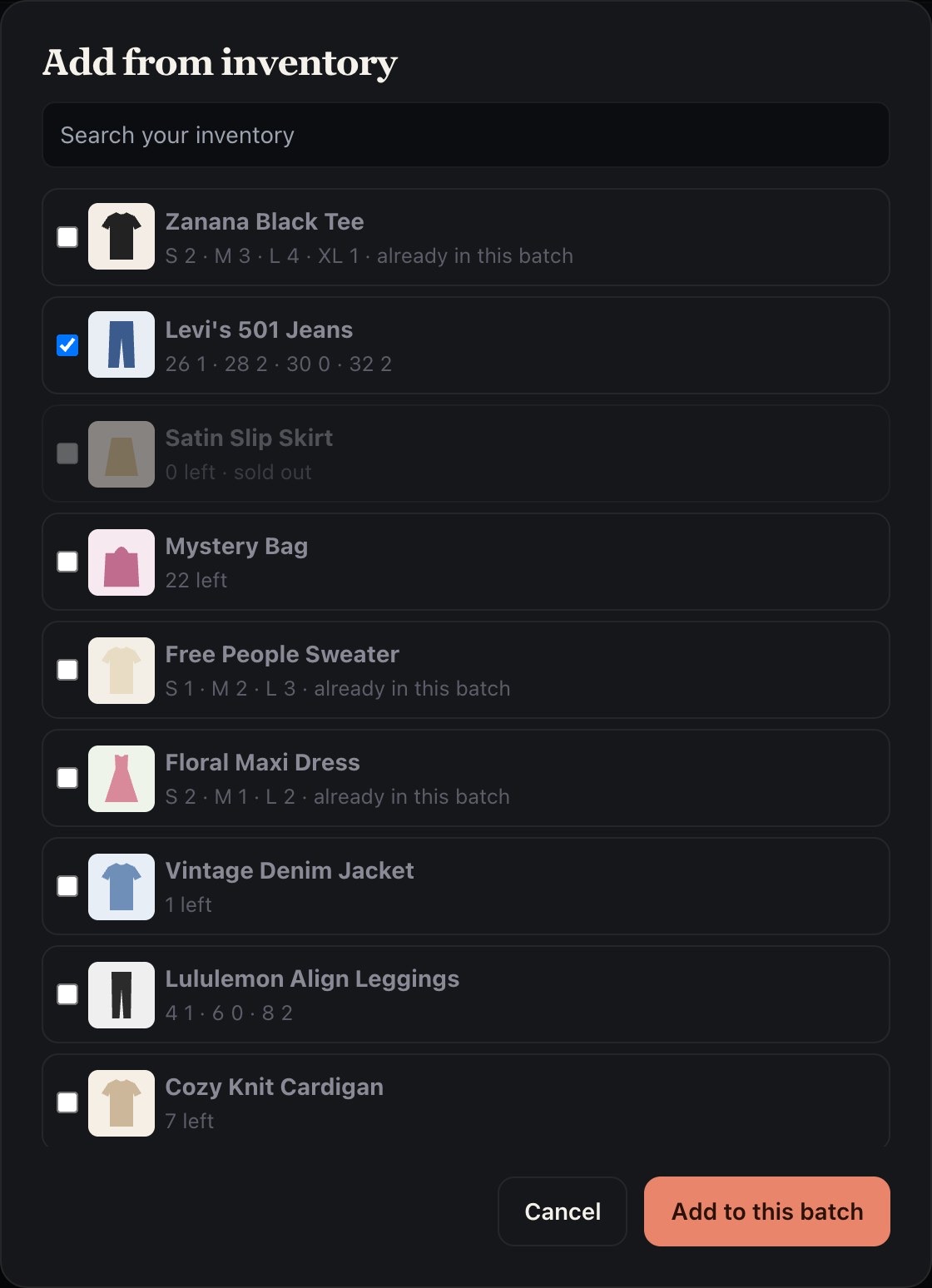 The Add from inventory window: stock items with what is left in each size, one ticked, one sold out and grayed out.