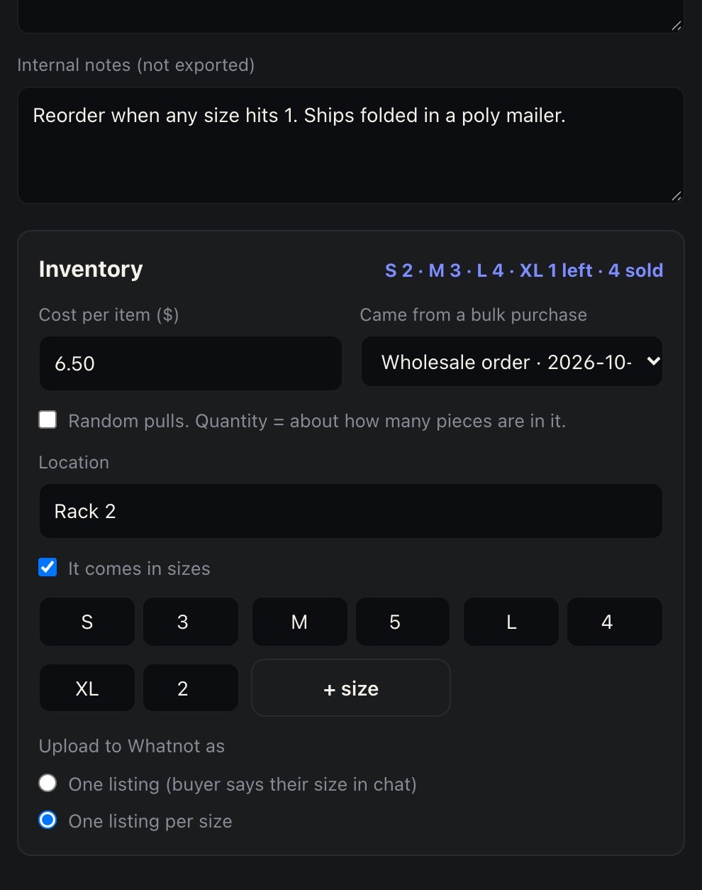 An item's Inventory section: cost per item, bulk purchase, location, sizes S, M, L and XL with counts, and One listing per size picked.
