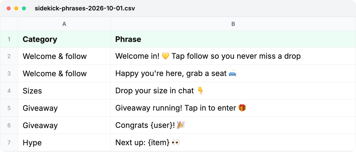 A phrases CSV file in a spreadsheet: Category and Phrase columns.