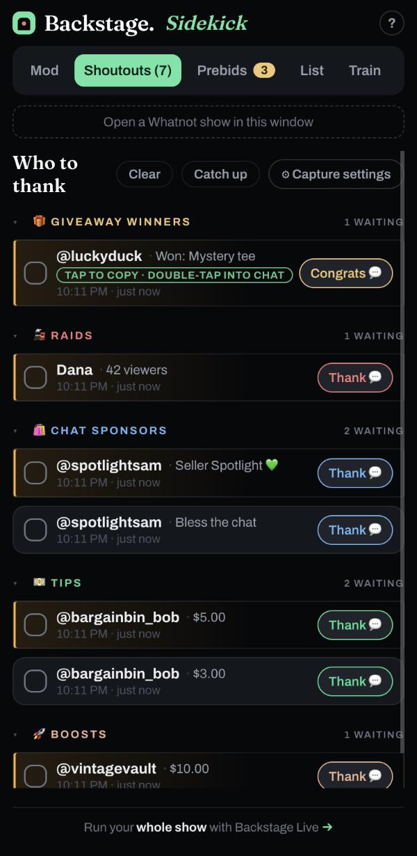 The Shoutouts tab listing raids, tips and giveaway wins with Thank buttons.