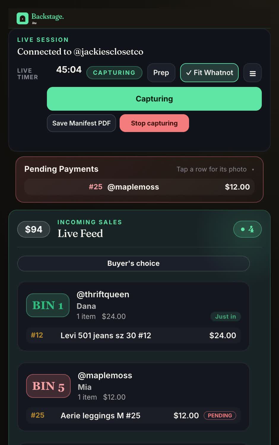 The Backstage side panel in Chrome during a show: capturing, a pending payment set apart, and each buyer's sales under their bin.