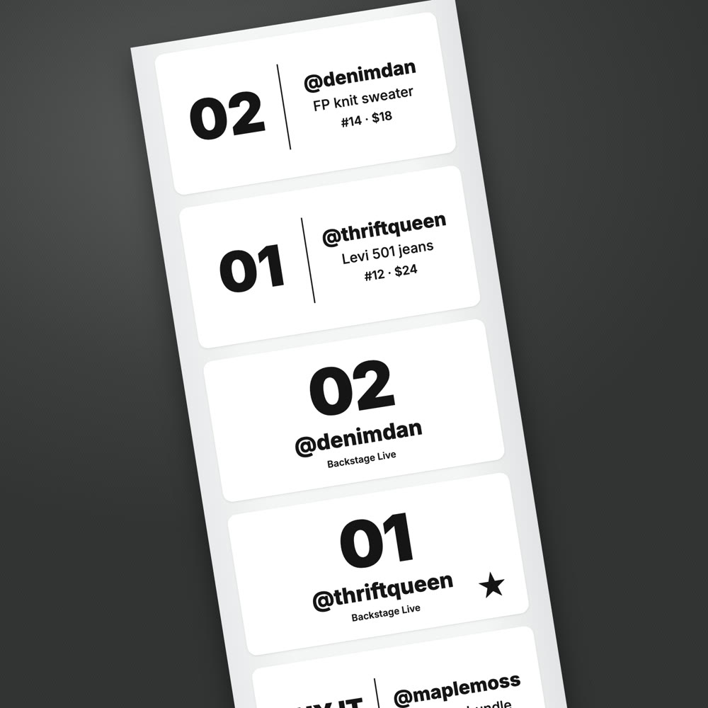 Labels printed from the iPad app (names made up).