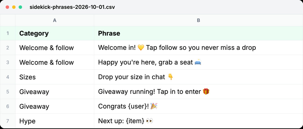 A Sidekick phrase set exported as a spreadsheet: categories like Welcome and follow, Sizes and Giveaway, with each phrase