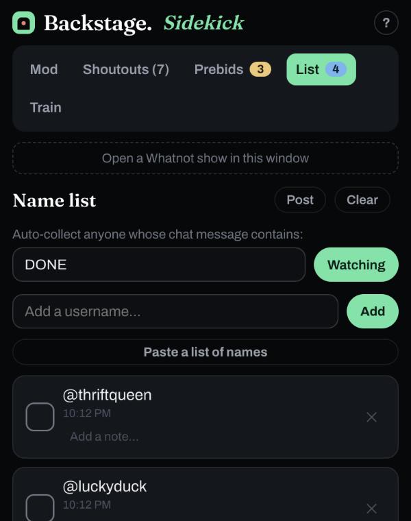 The Sidekick name list collecting everyone who typed the watch word DONE