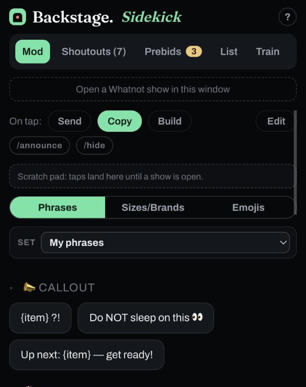The Sidekick phrase deck: Welcome and follow, Callout and Giveaway phrases ready to tap into chat
