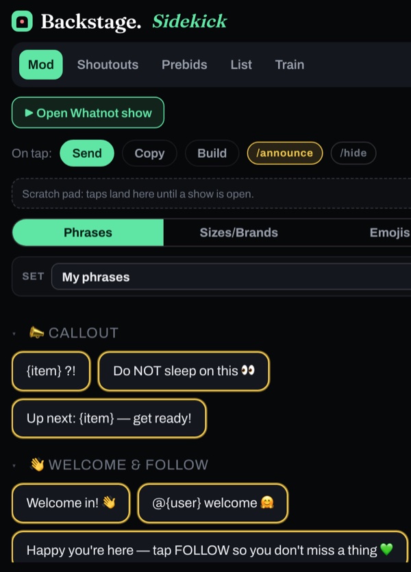 Sidekick's phrase deck with Send and /announce on: every phrase is outlined in yellow
