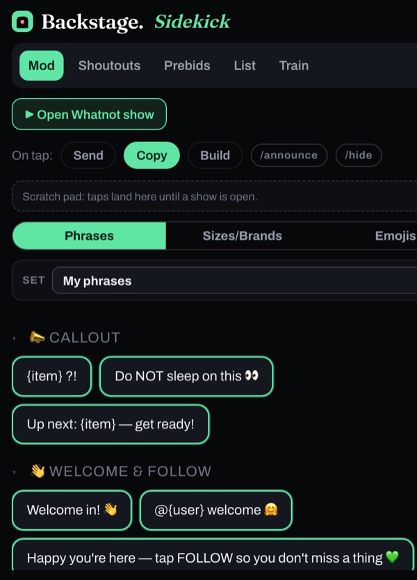 Sidekick's phrase deck in Copy mode: every phrase is outlined in green