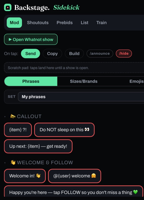 Sidekick's phrase deck with Send and /hide on: every phrase is outlined in red