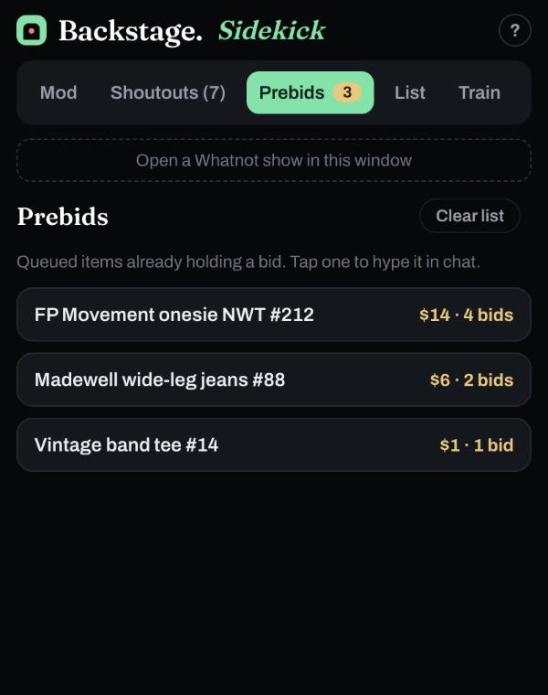 The Sidekick Prebids tab: listings already holding bids before they go live