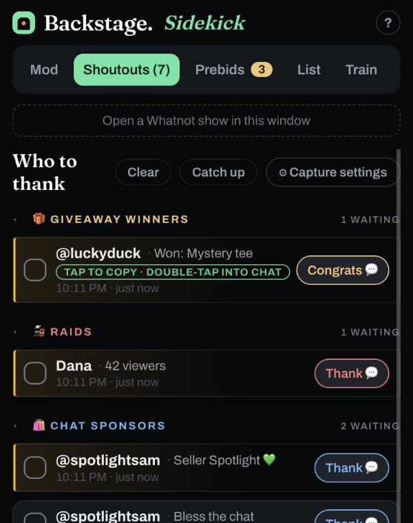 The Sidekick who-to-thank list: giveaway winners, a raid, chat sponsors and tips, each with a Thank button
