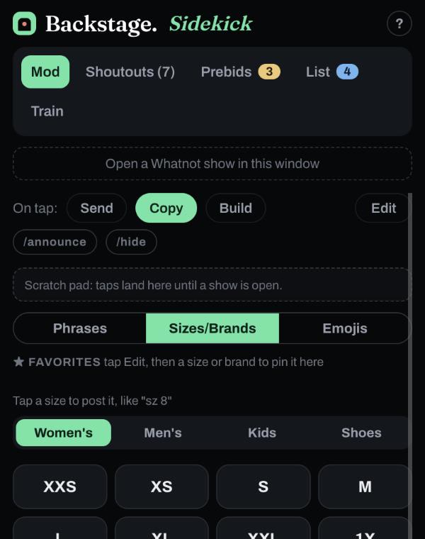 The Sidekick Sizes/Brands tab: women's, men's and kids' sizes, plus the brands you sell, ready to tap into chat