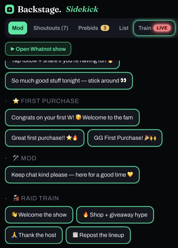 Sidekick's phrase deck with a Raid train category: Welcome the show, Shop and giveaway hype, Thank the host and Repost the lineup.