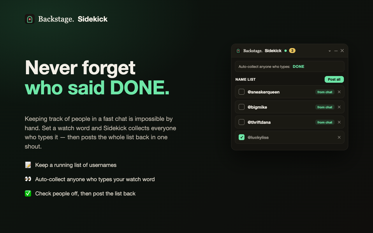 The name list auto-collecting usernames from chat by a watch word.