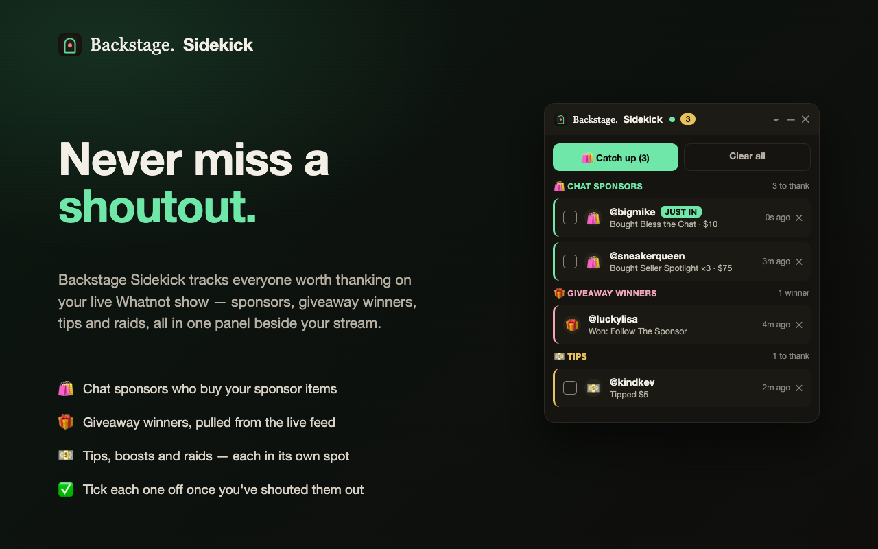 The Backstage Sidekick panel beside a Whatnot show, listing chat sponsors, giveaway winners and tips to thank.