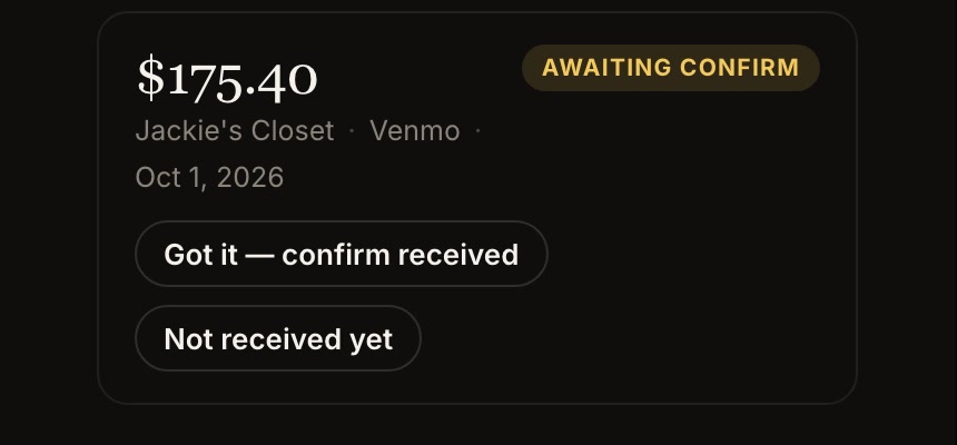 A payout waiting for the consignor to confirm it arrived, in their portal.