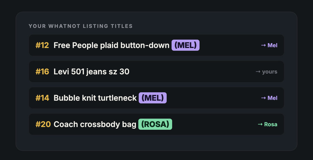 Listings tagged to the consignors who own them, and which consignor each item goes to