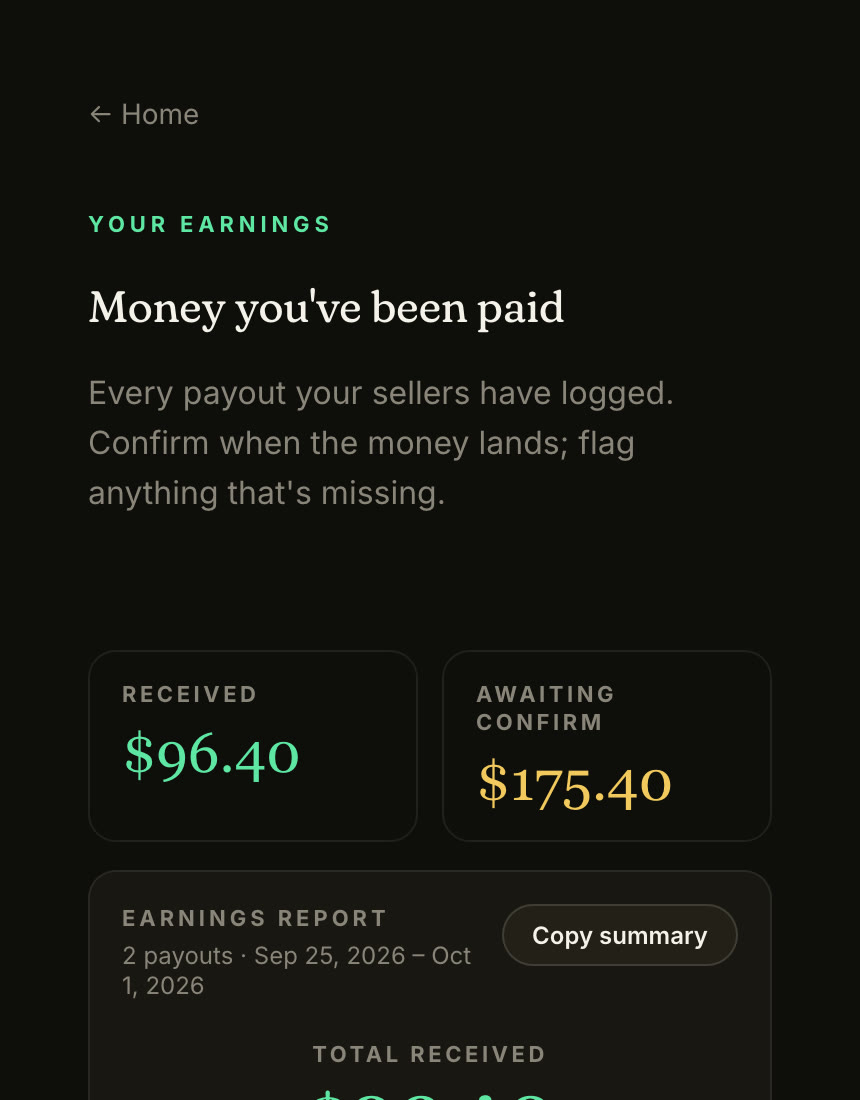 Earnings: received and awaiting confirmation.