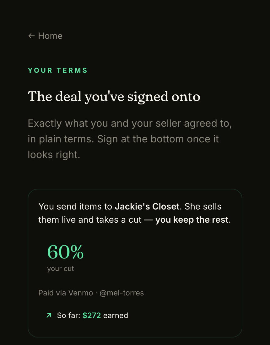 The terms page in the consignor portal.