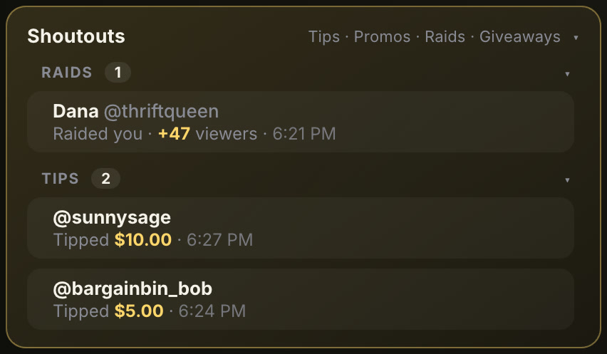 The Shoutouts card: a raid with 47 viewers and two tips