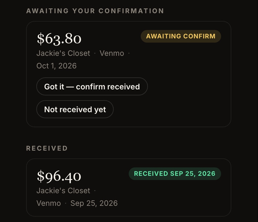 The consignor portal: a $63.80 payout from Jackie's Closet awaiting the consignor's confirmation, and a $96.40 payout received