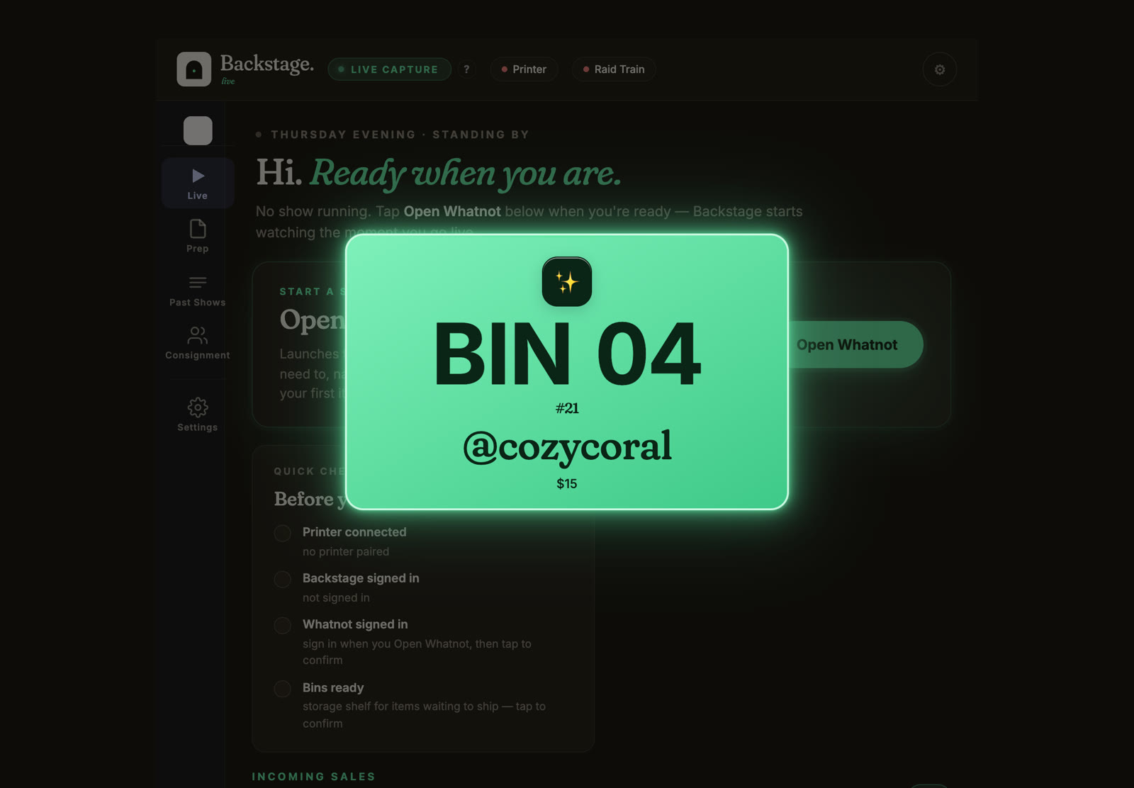 A new buyer lands on the iPad: their bin, item and price, the second they win.