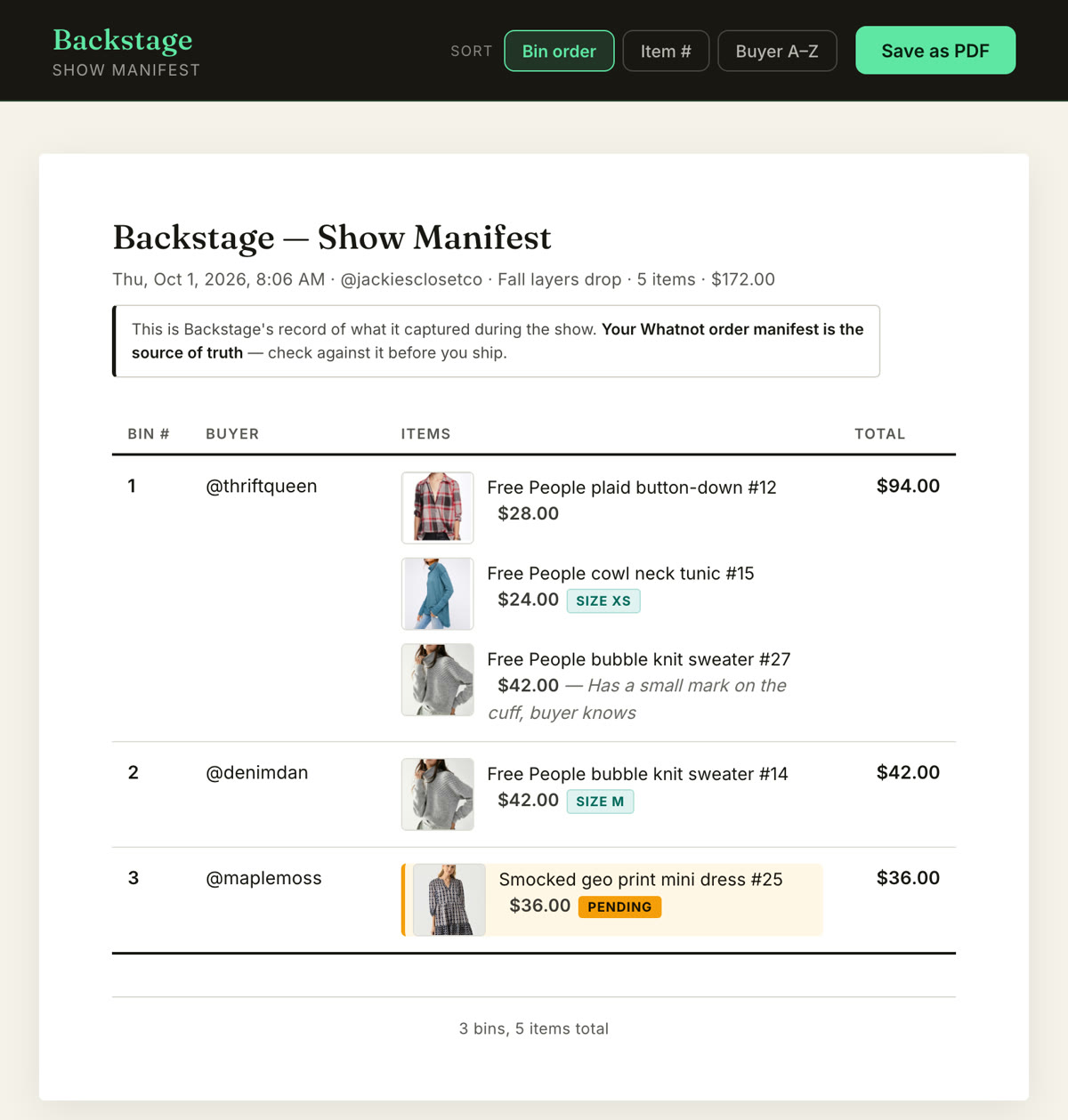 A Backstage packing manifest grouped by bin, with a photo of every item