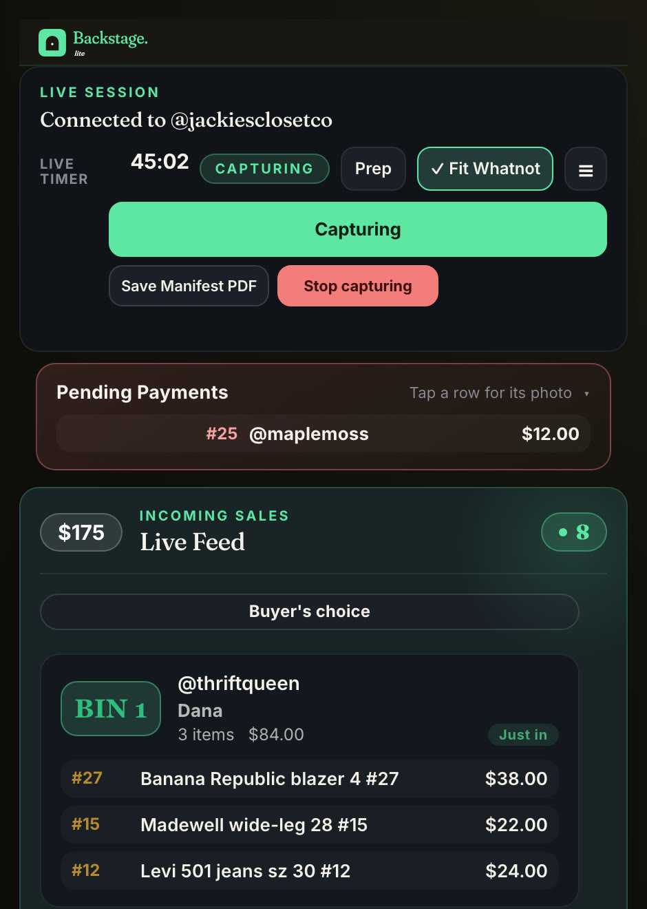 The Backstage panel's live feed with buyers sorted into numbered bins
