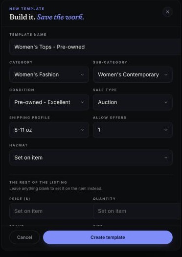 Prep's preset form with Whatnot's category, sub-category, condition, sale type and shipping fields