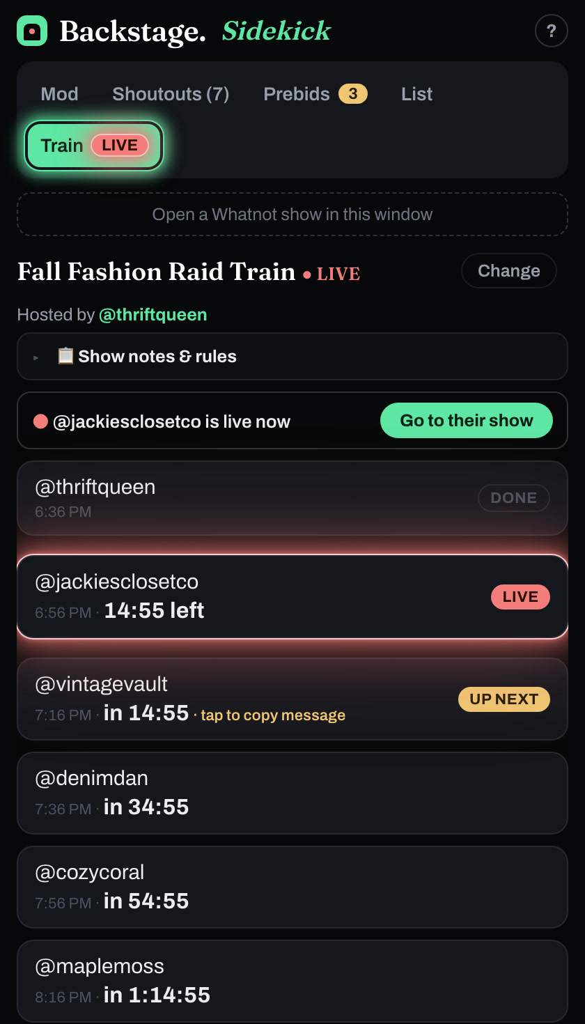 Sidekick's Train tab: a raid train's running order with who is live, who is up next and a countdown to each handoff