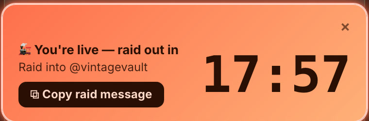 Backstage's raid train countdown with a Copy raid message button